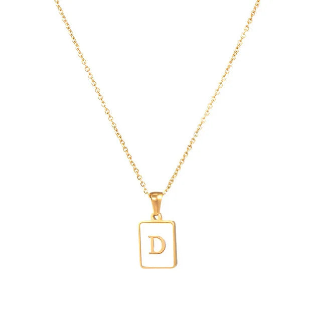 Vintage Stainless Steel A-Z Initial Necklace – Rectangle Natural Shell Pendant