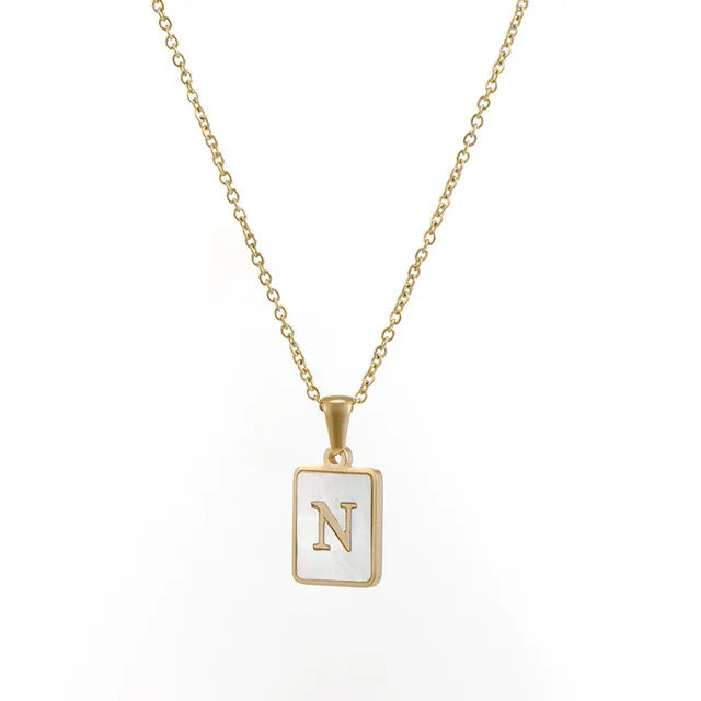 Vintage Stainless Steel A-Z Initial Necklace – Rectangle Natural Shell Pendant