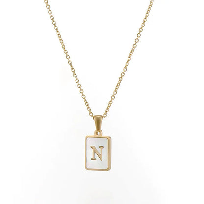 Vintage Stainless Steel A-Z Initial Necklace – Rectangle Natural Shell Pendant