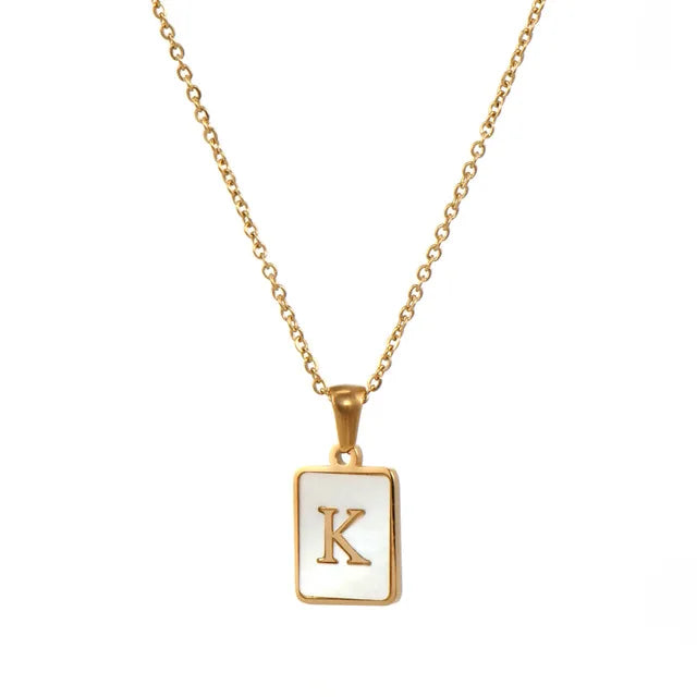 Vintage Stainless Steel A-Z Initial Necklace – Rectangle Natural Shell Pendant