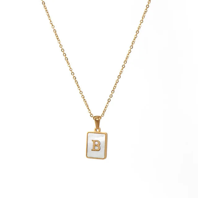 Vintage Stainless Steel A-Z Initial Necklace – Rectangle Natural Shell Pendant