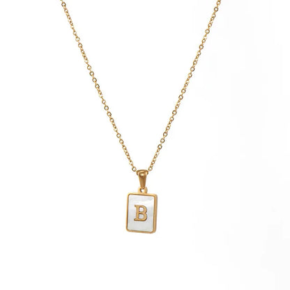 Vintage Stainless Steel A-Z Initial Necklace – Rectangle Natural Shell Pendant