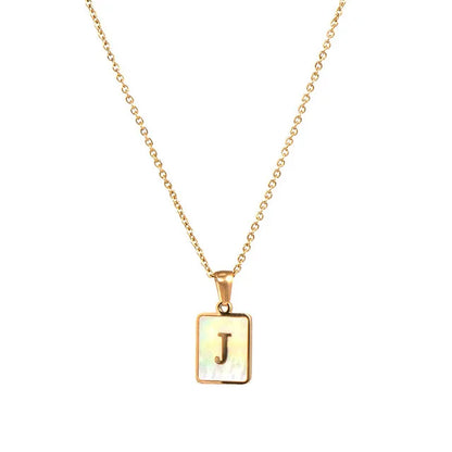 Vintage Stainless Steel A-Z Initial Necklace – Rectangle Natural Shell Pendant