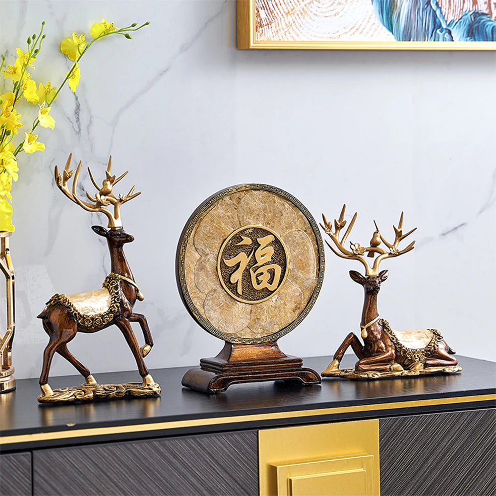 Luxury Golden Deer & Fortune Blessing Plate – Elegant Home & Office Decor