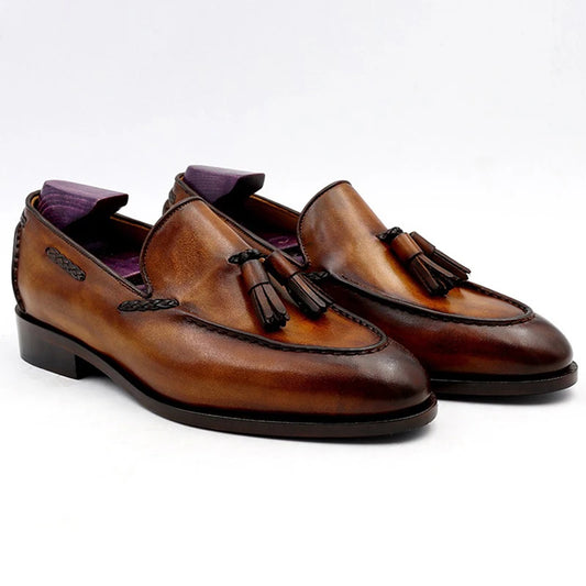 Men’s Classic Brown 100% Genuine Italian Leather Tassel Loafers – Handmade Luxury Shoes