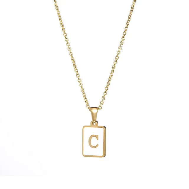 Vintage Stainless Steel A-Z Initial Necklace – Rectangle Natural Shell Pendant