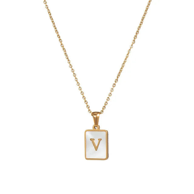 Vintage Stainless Steel A-Z Initial Necklace – Rectangle Natural Shell Pendant