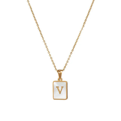 Vintage Stainless Steel A-Z Initial Necklace – Rectangle Natural Shell Pendant