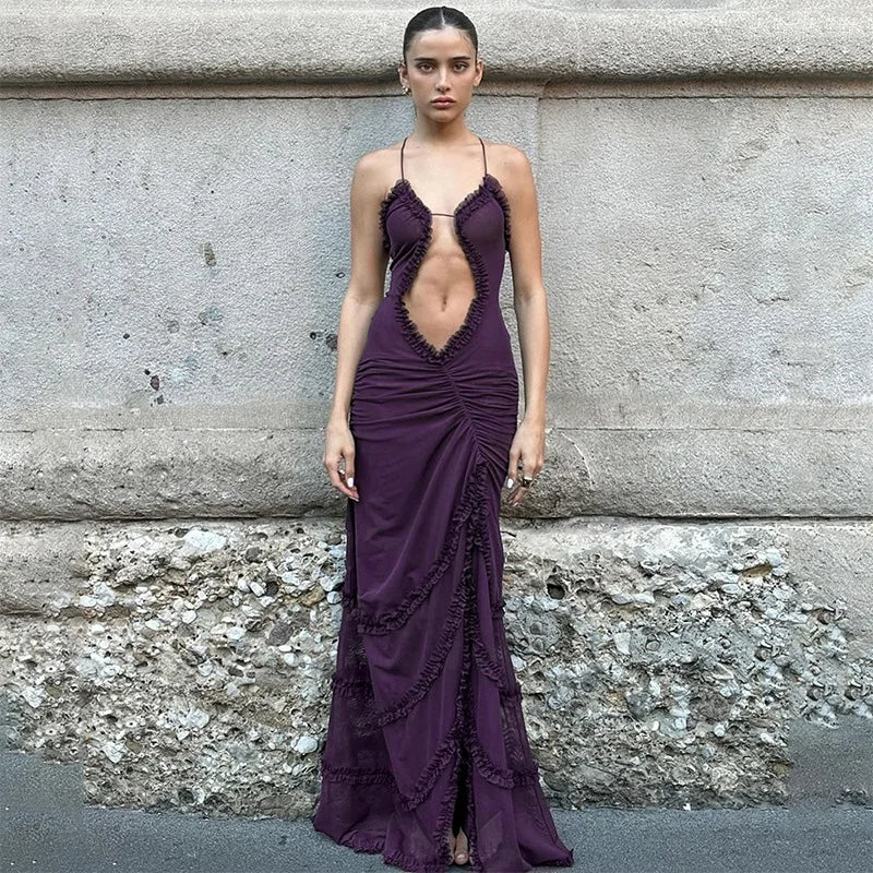 Exotic Sheer Purple Maxi Dress – Bold Cut-Out & High Slit Design