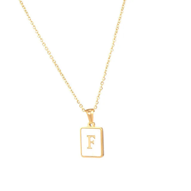 Vintage Stainless Steel A-Z Initial Necklace – Rectangle Natural Shell Pendant