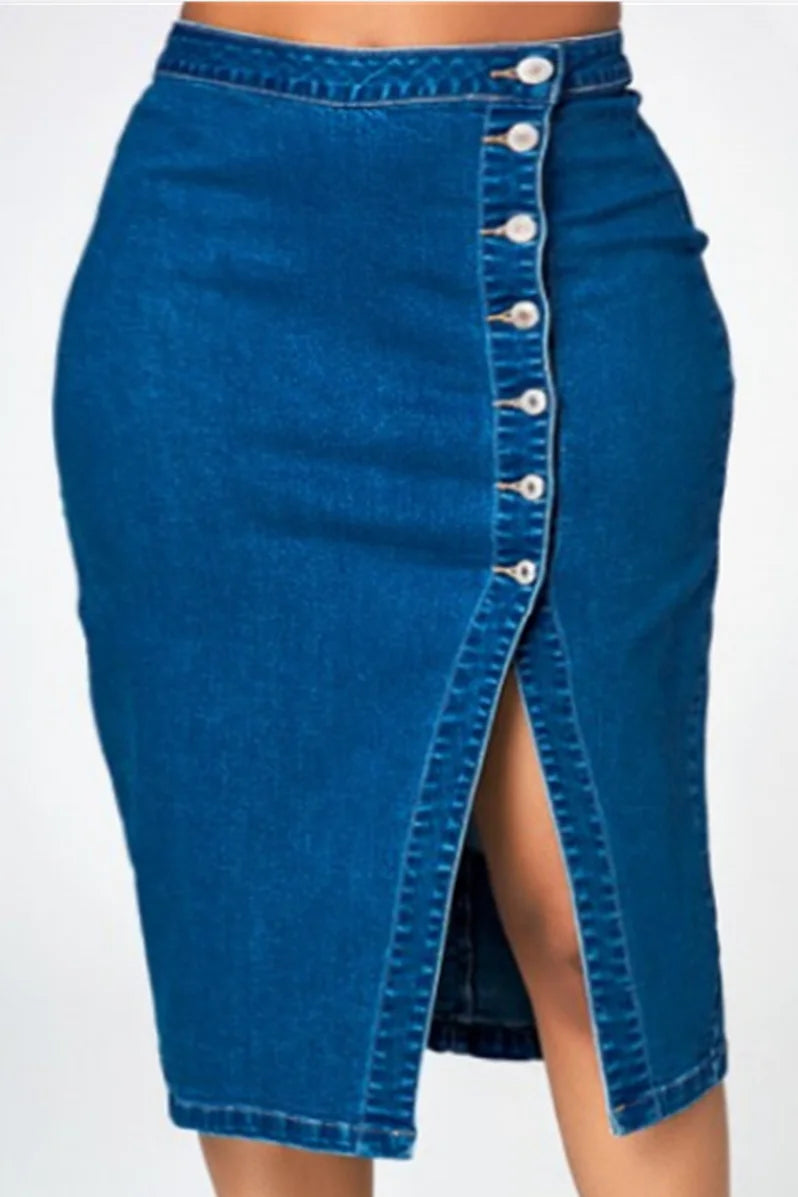 Chic High-Waist Button-Front Denim Pencil Skirt – Slim Fit, Slit Design