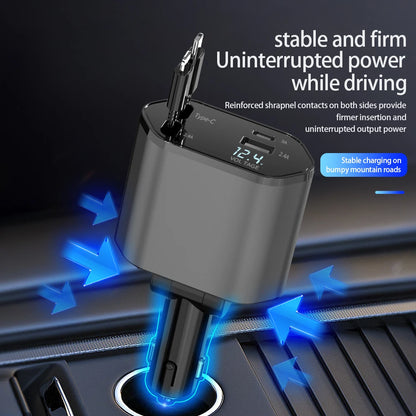 Retractable 4-in-1 Fast Charge USB-C Car Charger | 100W/120W Power Adapter