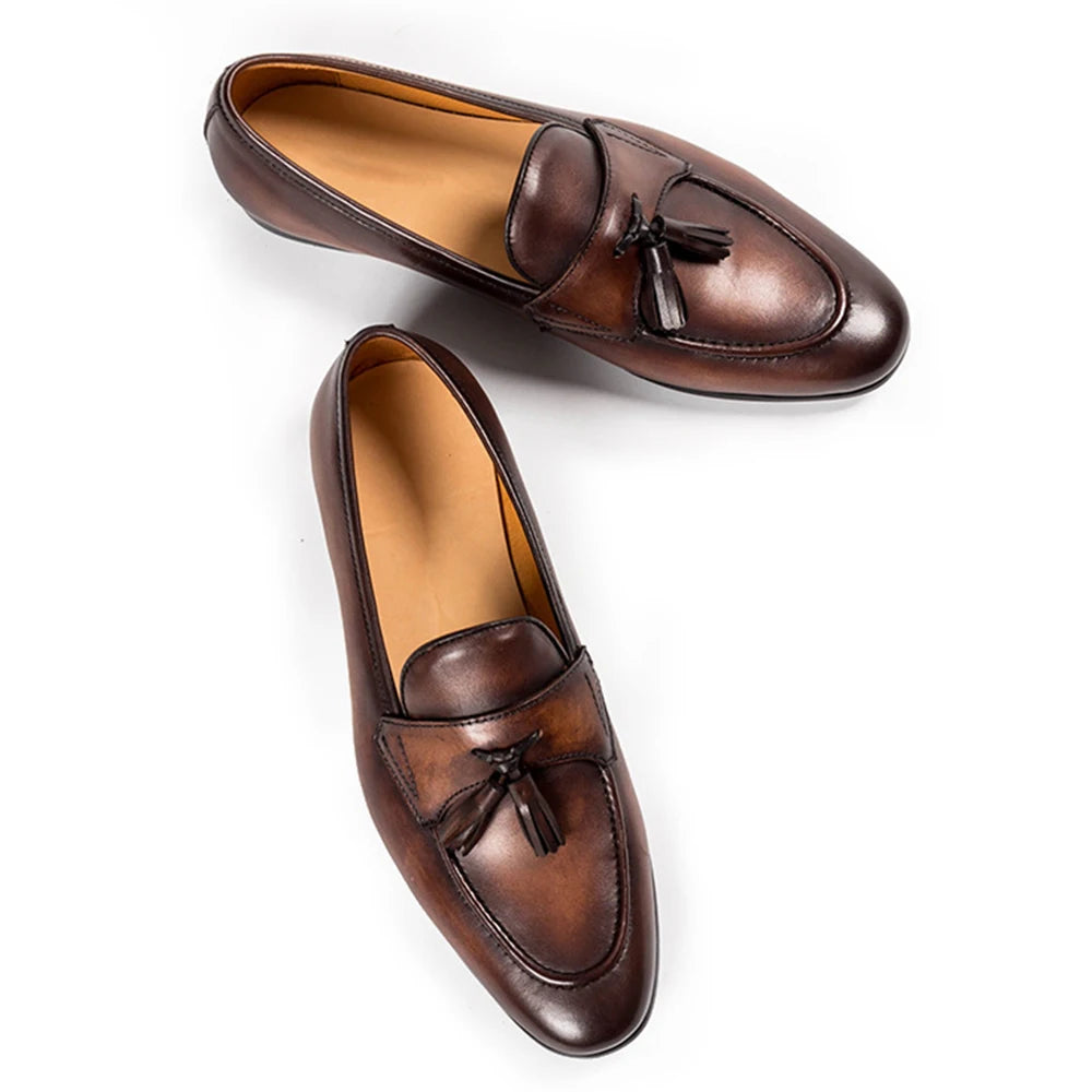 Men’s Luxury Brown Leather Tassel Loafers – Handcrafted Elegance