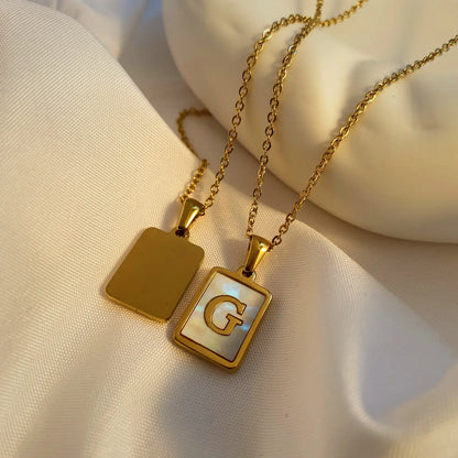 Vintage Stainless Steel A-Z Initial Necklace – Rectangle Natural Shell Pendant