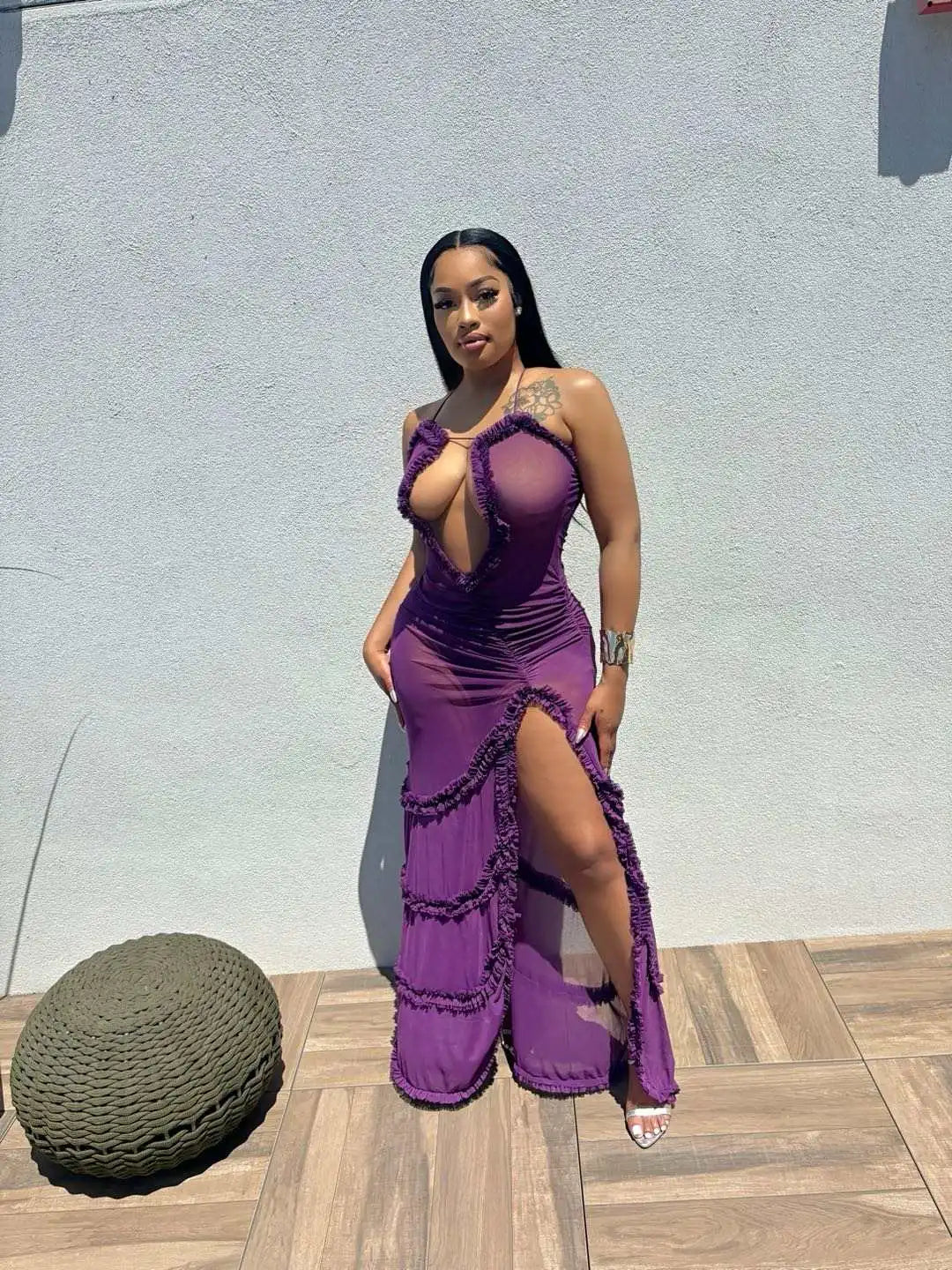 Exotic Sheer Purple Maxi Dress – Bold Cut-Out & High Slit Design