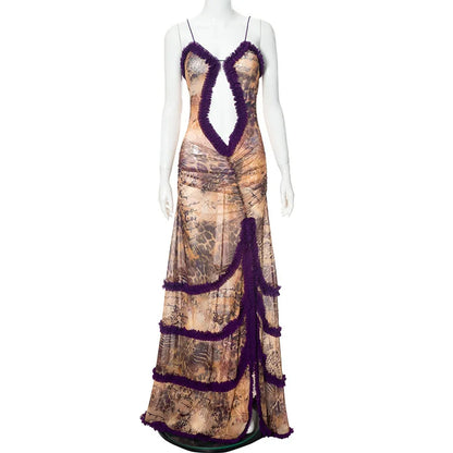 Exotic Sheer Purple Maxi Dress – Bold Cut-Out & High Slit Design