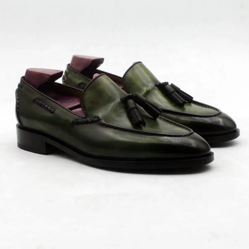 Men’s Handmade Green 100% Genuine Italian Leather Tassel Loafers – Elegant &amp; Timeless