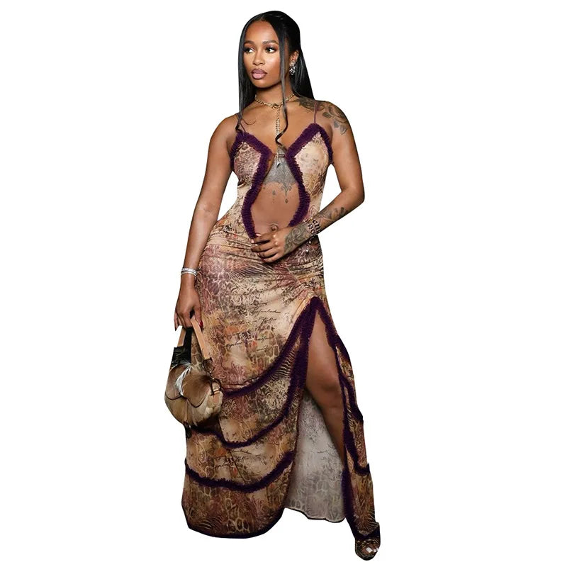 Exotic Sheer Purple Maxi Dress – Bold Cut-Out & High Slit Design