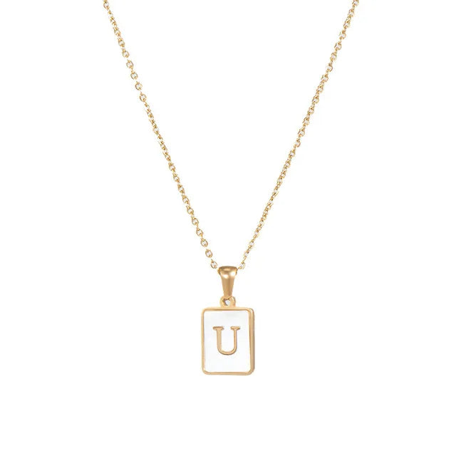 Vintage Stainless Steel A-Z Initial Necklace – Rectangle Natural Shell Pendant