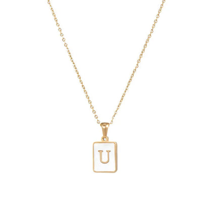 Vintage Stainless Steel A-Z Initial Necklace – Rectangle Natural Shell Pendant