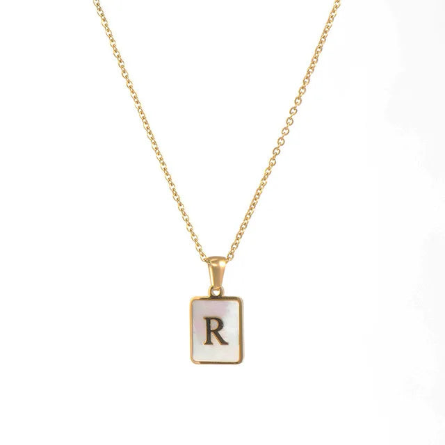 Vintage Stainless Steel A-Z Initial Necklace – Rectangle Natural Shell Pendant