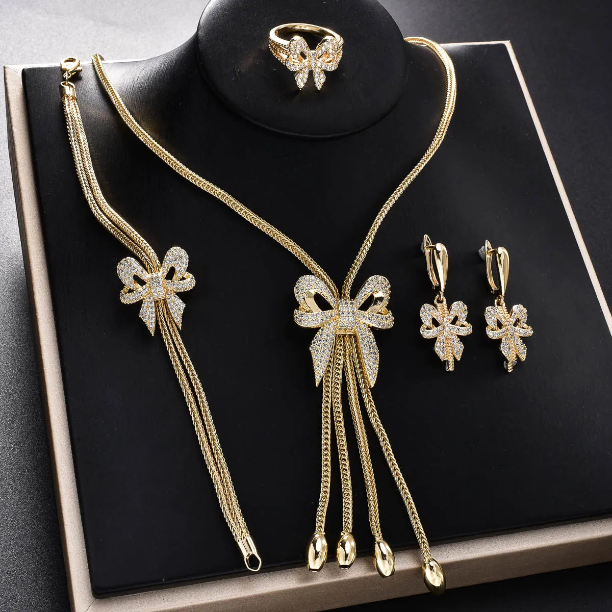 New Arrival 14K Gold Plated Bridal Jewelry Set – Elegant Necklace, Earrings, Ring & Bracelet for Women