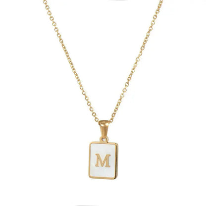 Vintage Stainless Steel A-Z Initial Necklace – Rectangle Natural Shell Pendant