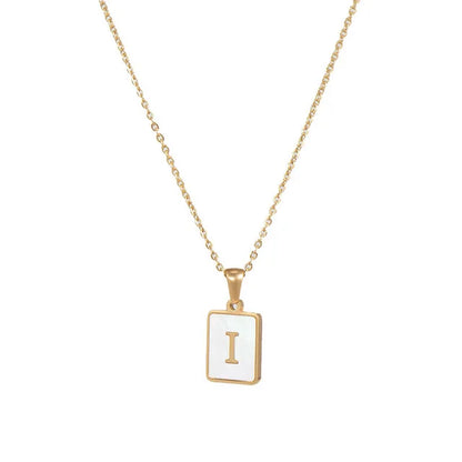 Vintage Stainless Steel A-Z Initial Necklace – Rectangle Natural Shell Pendant