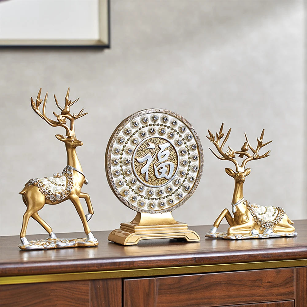 Luxury Golden Deer & Fortune Blessing Plate – Elegant Home & Office Decor