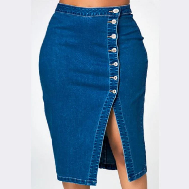 Chic High-Waist Button-Front Denim Pencil Skirt – Slim Fit, Slit Design