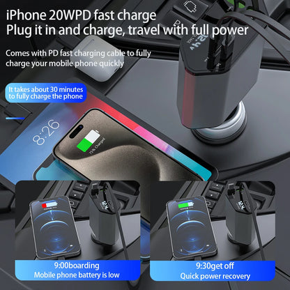 Retractable 4-in-1 Fast Charge USB-C Car Charger | 100W/120W Power Adapter