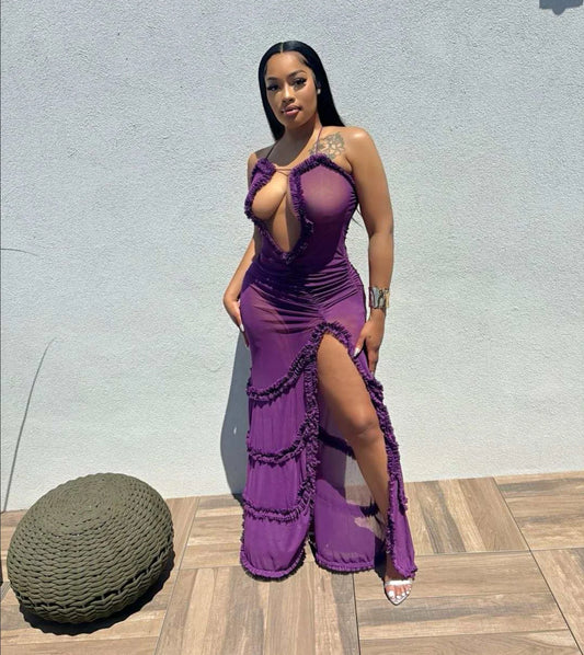 Exotic Sheer Purple Maxi Dress – Bold Cut-Out & High Slit Design