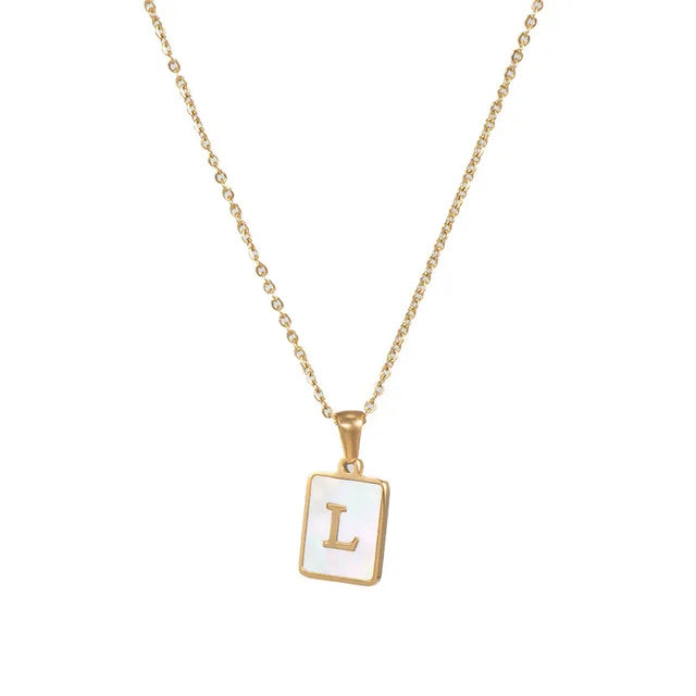 Vintage Stainless Steel A-Z Initial Necklace – Rectangle Natural Shell Pendant