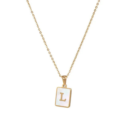 Vintage Stainless Steel A-Z Initial Necklace – Rectangle Natural Shell Pendant