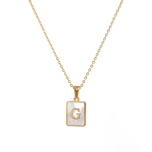 Vintage Stainless Steel A-Z Initial Necklace – Rectangle Natural Shell Pendant