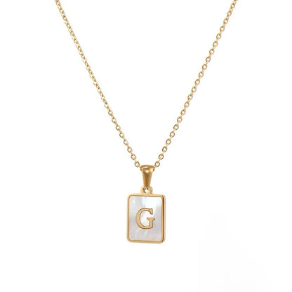 Vintage Stainless Steel A-Z Initial Necklace – Rectangle Natural Shell Pendant