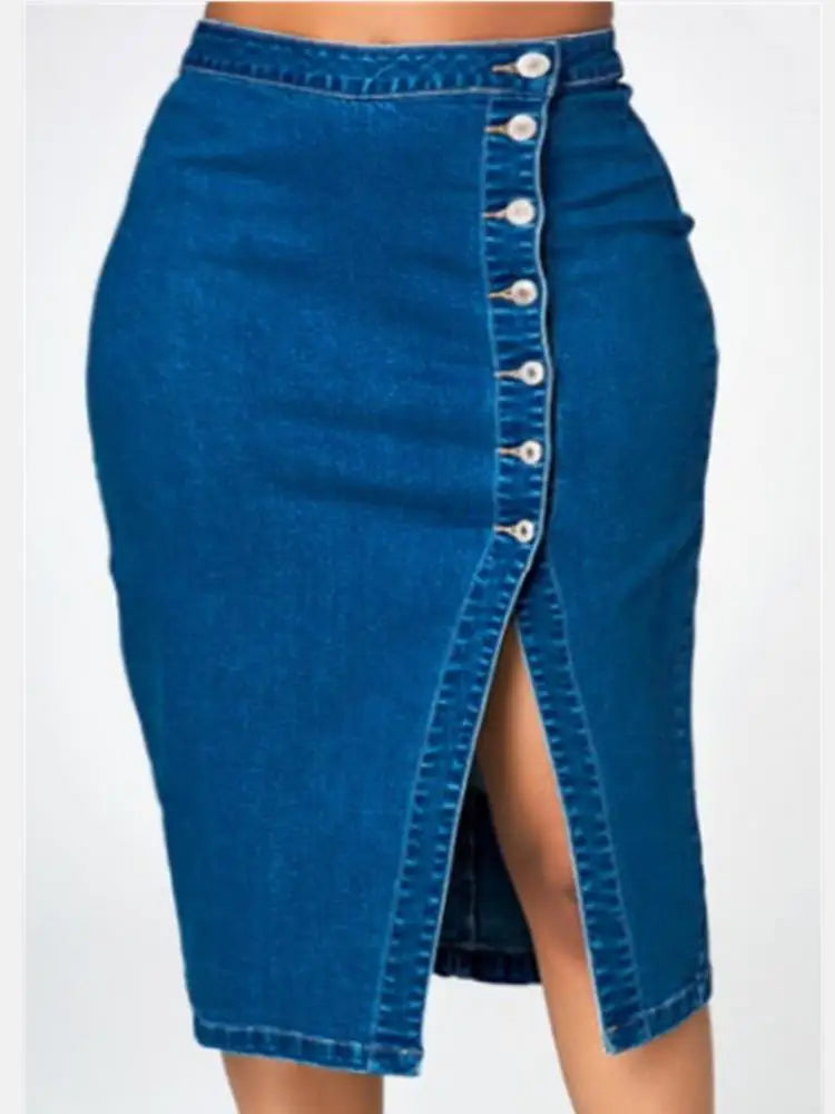 Chic High-Waist Button-Front Denim Pencil Skirt – Slim Fit, Slit Design