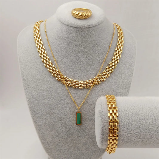 Luxury 4-Piece 18K Gold Plated Jewelry Set – Necklace, Bracelet, Ring & Collarbone Chain