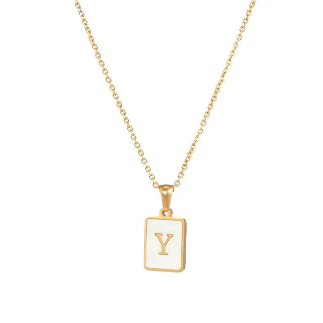 Vintage Stainless Steel A-Z Initial Necklace – Rectangle Natural Shell Pendant