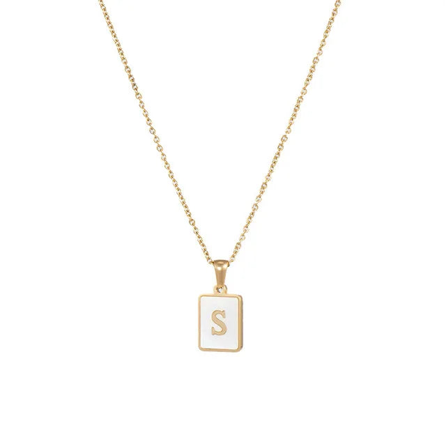 Vintage Stainless Steel A-Z Initial Necklace – Rectangle Natural Shell Pendant