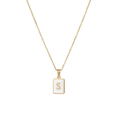 Vintage Stainless Steel A-Z Initial Necklace – Rectangle Natural Shell Pendant