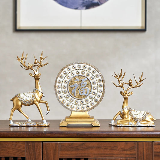 Luxury Golden Deer & Fortune Blessing Plate – Elegant Home & Office Decor