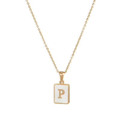 Vintage Stainless Steel A-Z Initial Necklace – Rectangle Natural Shell Pendant