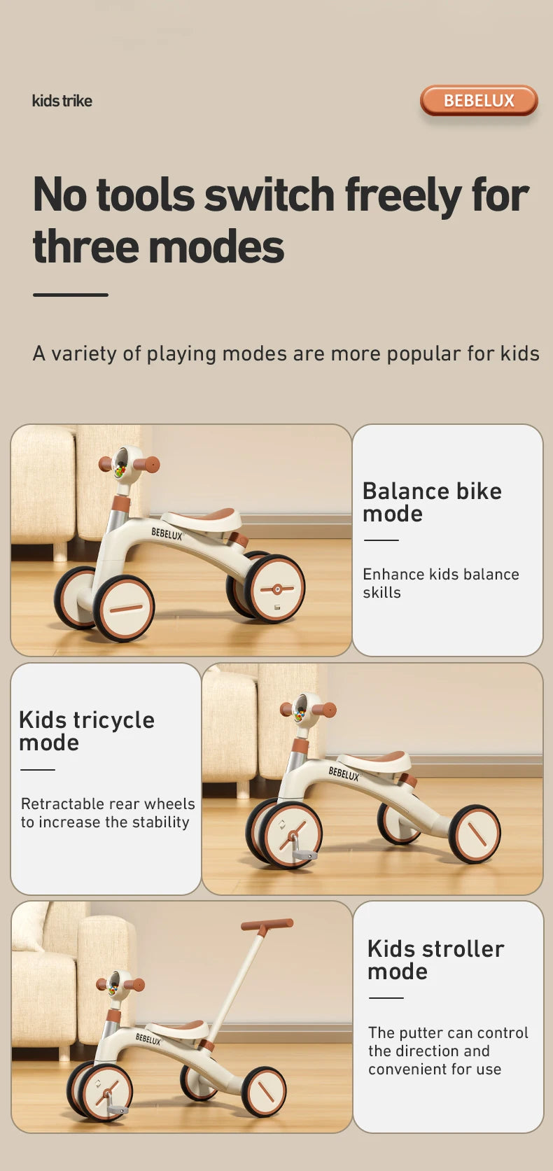 BEBELUX 4-in-1 Kids Balance Bike & Tricycle – Adjustable, Safe & Fun!