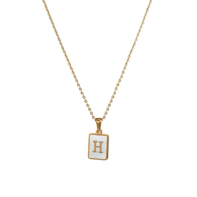 Vintage Stainless Steel A-Z Initial Necklace – Rectangle Natural Shell Pendant