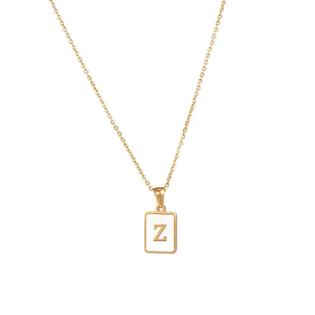 Vintage Stainless Steel A-Z Initial Necklace – Rectangle Natural Shell Pendant