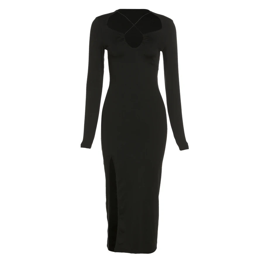 Elegant Black Maxi Dress – High Slit, Deep V-Neck, and Long Sleeves