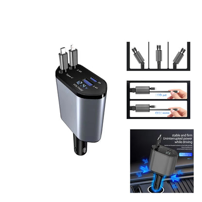 Retractable 4-in-1 Fast Charge USB-C Car Charger | 100W/120W Power Adapter