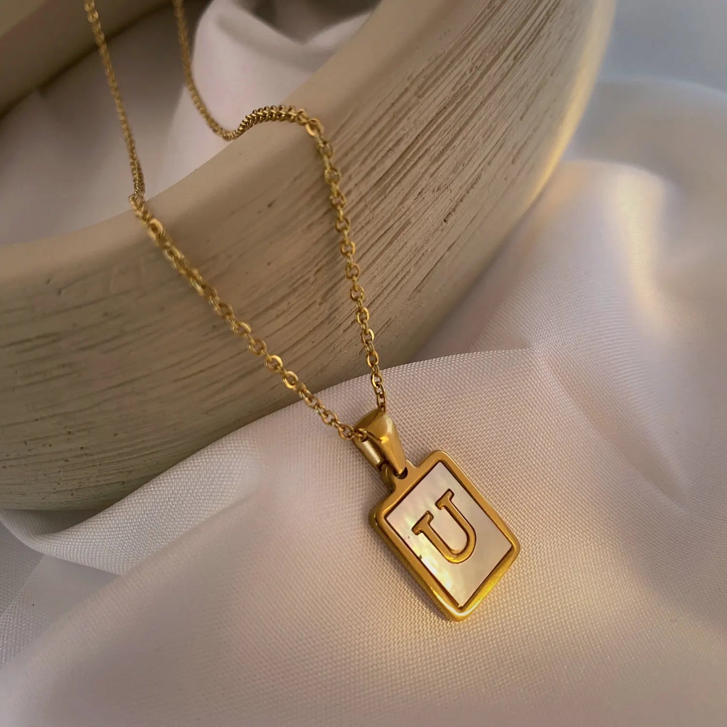 Vintage Stainless Steel A-Z Initial Necklace – Rectangle Natural Shell Pendant