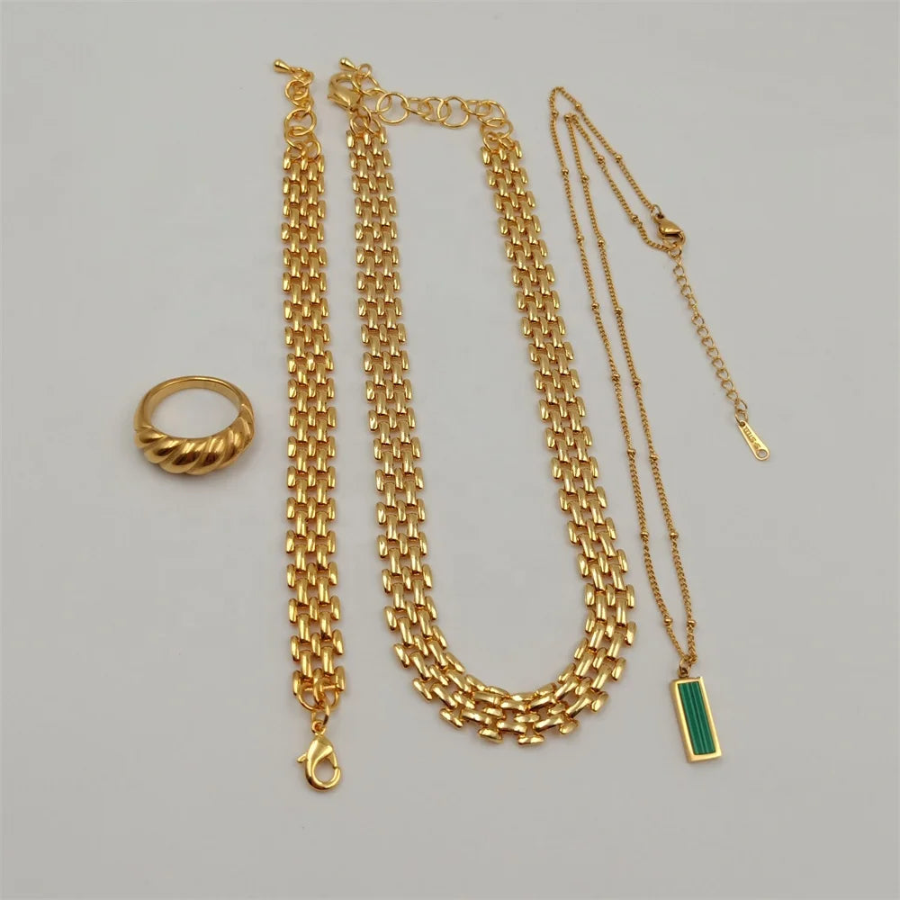 Luxury 4-Piece 18K Gold Plated Jewelry Set – Necklace, Bracelet, Ring & Collarbone Chain